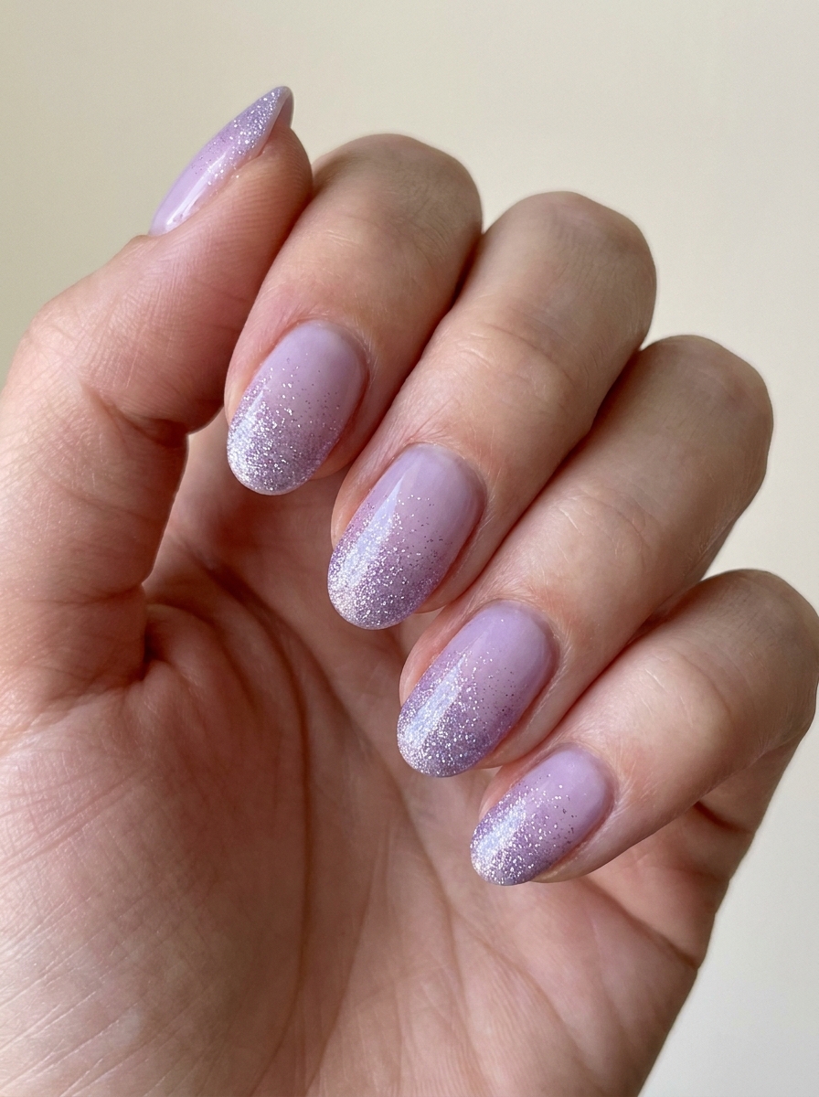 Lilac Glitzer Fade als Lila Nageldesign Ideen Inspiration 2026